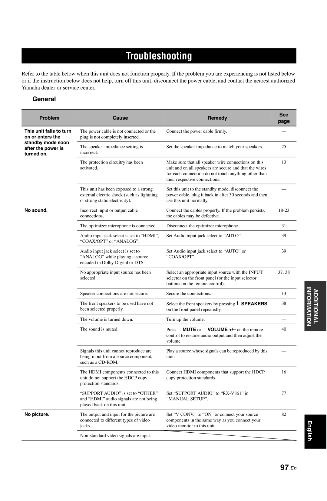 Yamaha RX-V861 owner manual Troubleshooting, 97 En, General 