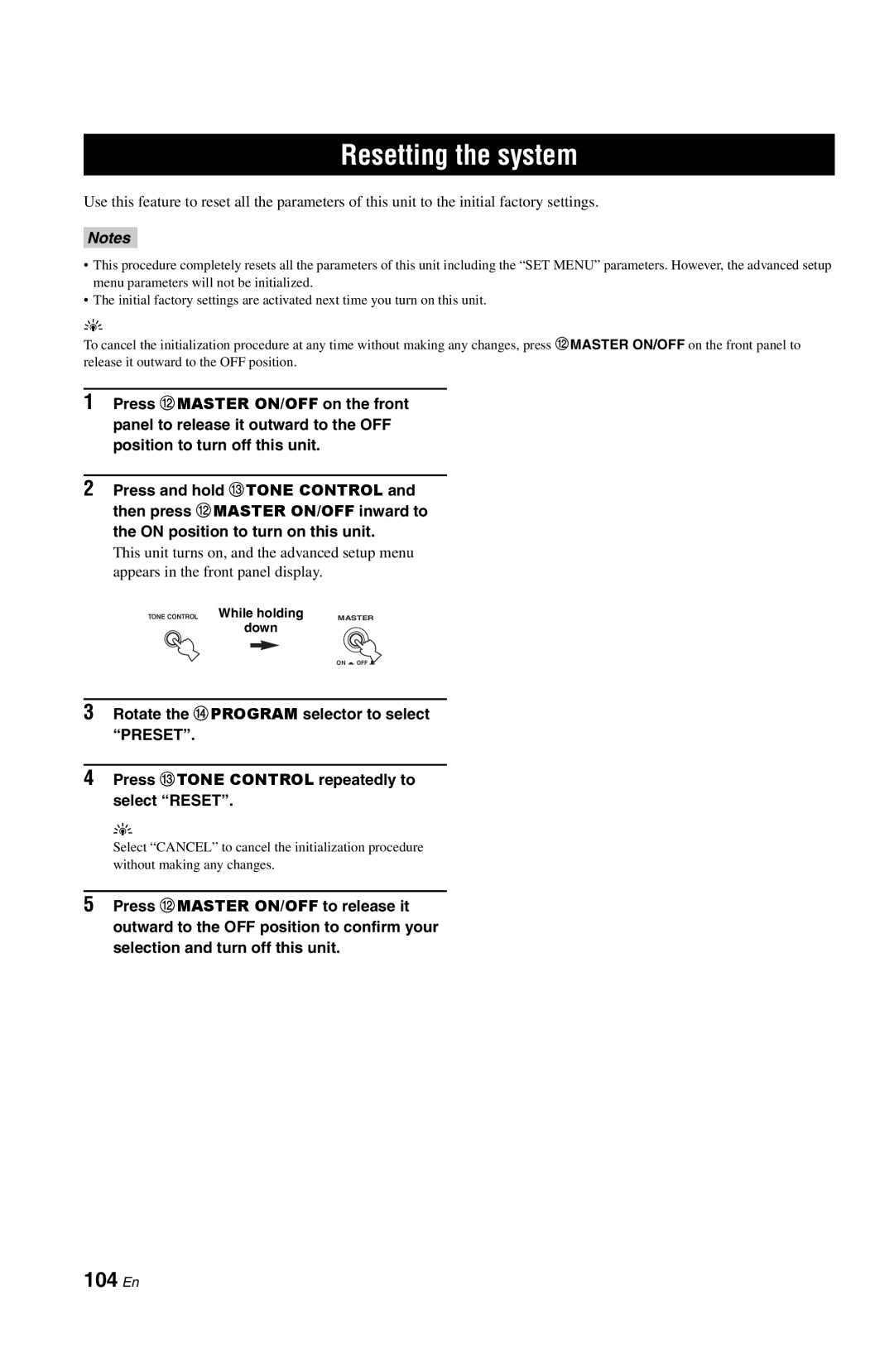 Yamaha RX-V861 owner manual Resetting the system, 104 En, Tone Control While holding down 