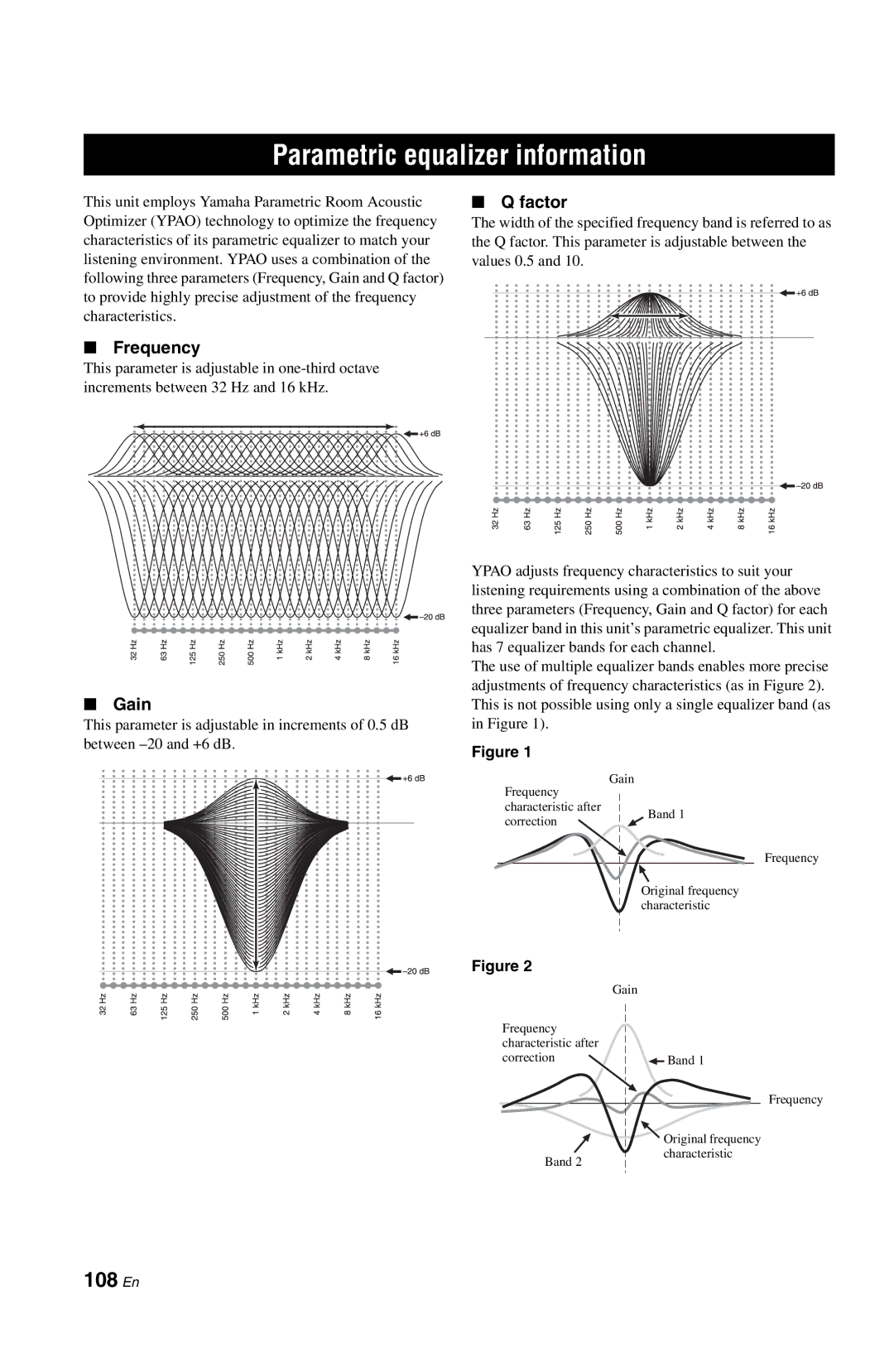 Yamaha RX-V861 owner manual Parametric equalizer information, 108 En, Frequency, Gain, Factor 