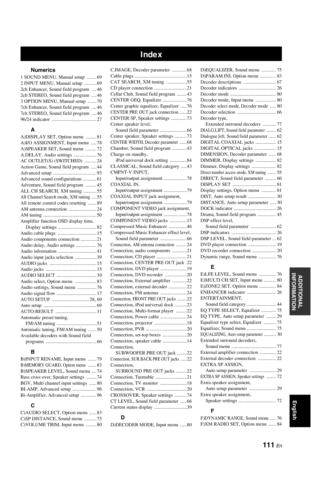 Yamaha RX-V861 owner manual Index, 111 En, Numerics 