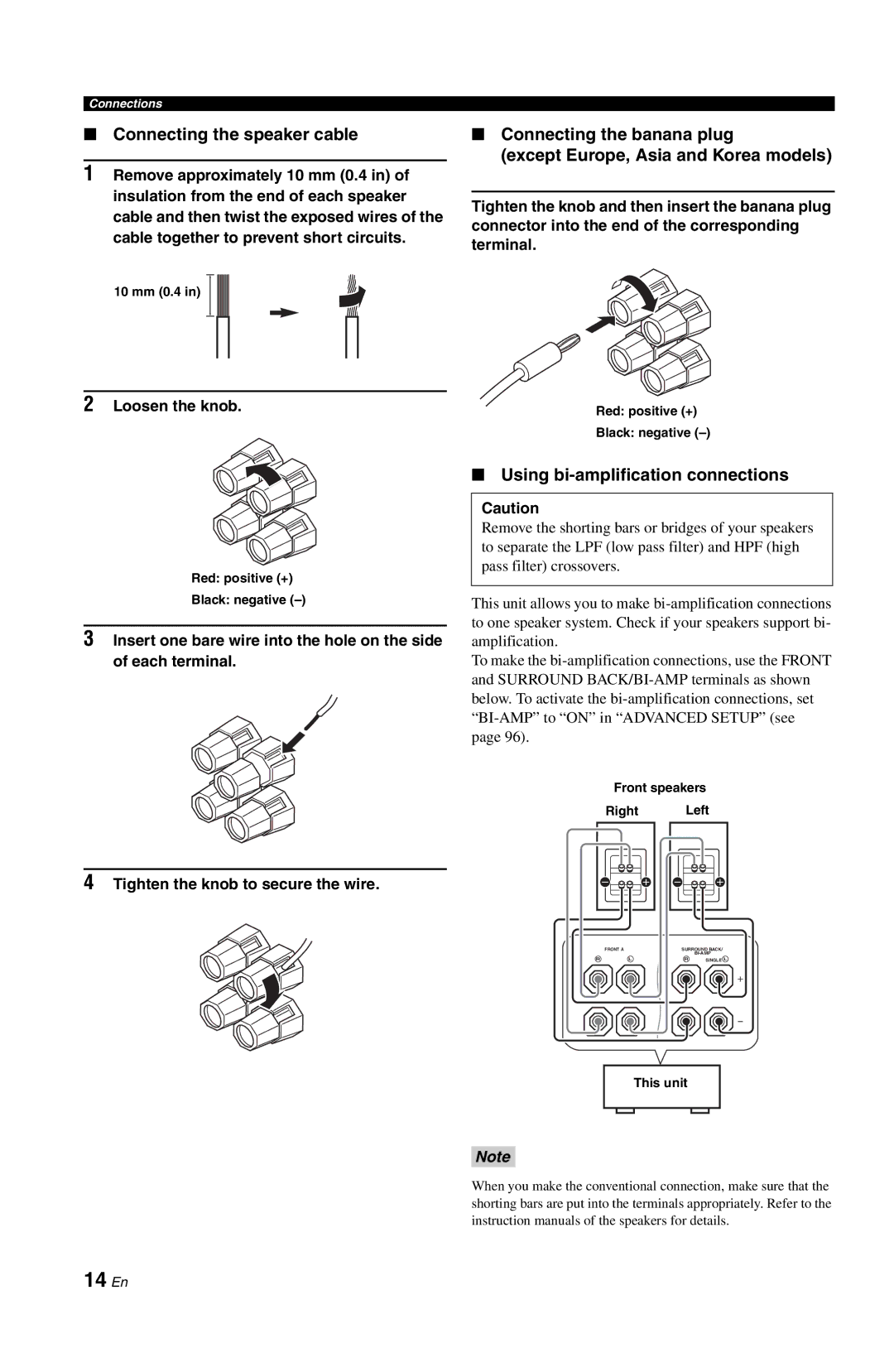 Yamaha RX-V861 owner manual 14 En, Connecting the speaker cable, Using bi-amplification connections 