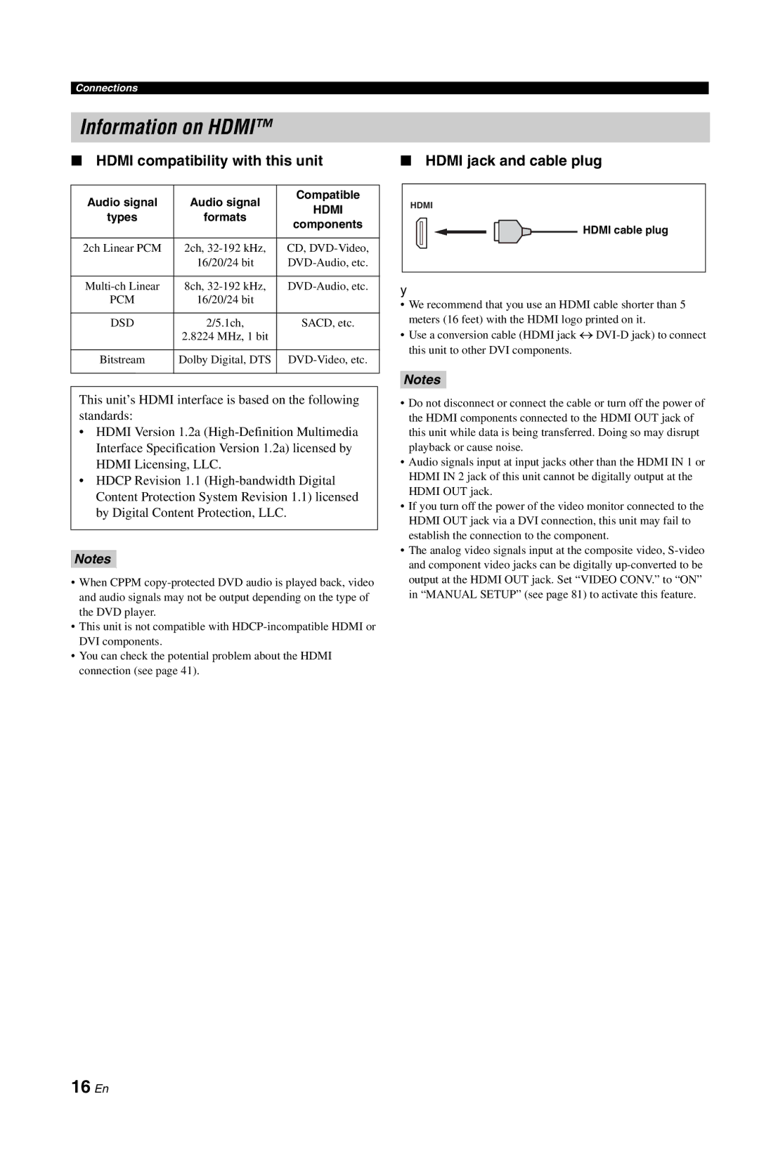 Yamaha RX-V861 owner manual Information on Hdmi, 16 En, Hdmi compatibility with this unit, Hdmi jack and cable plug 