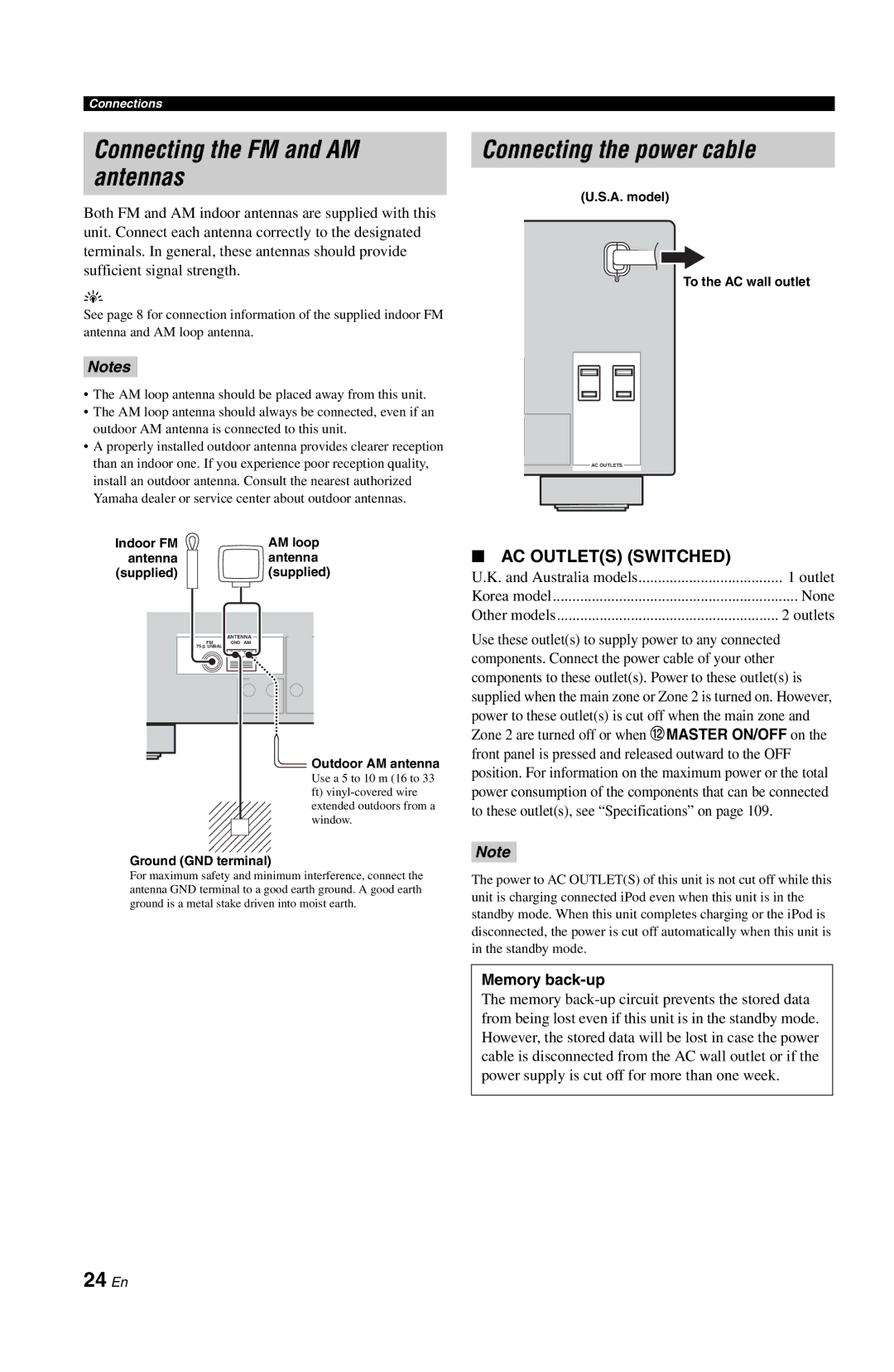 Yamaha RX-V861 owner manual Connecting the FM and AM antennas, Connecting the power cable, 24 En, Memory back-up 