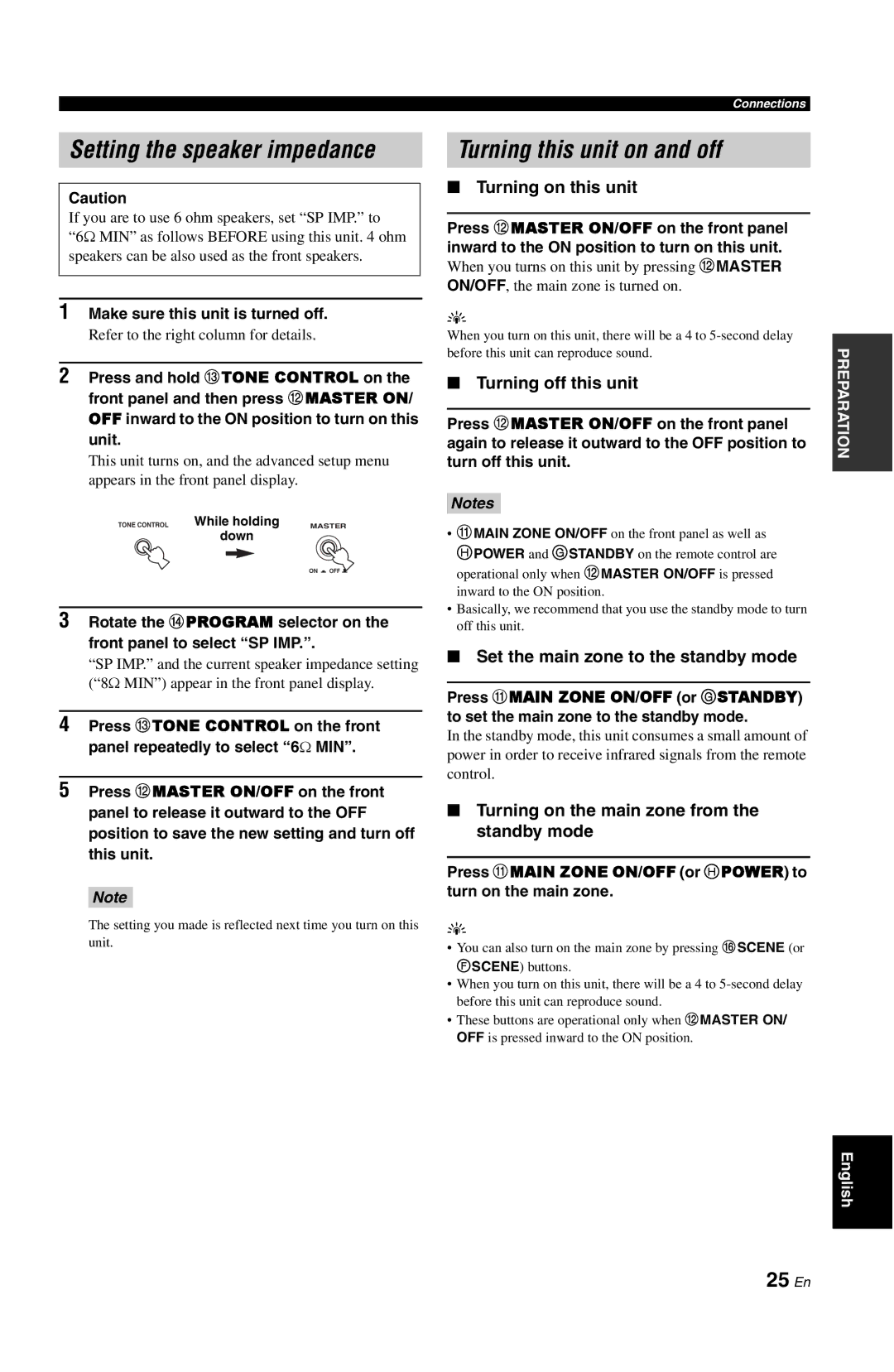 Yamaha RX-V861 owner manual Setting the speaker impedance, Turning this unit on and off, 25 En 