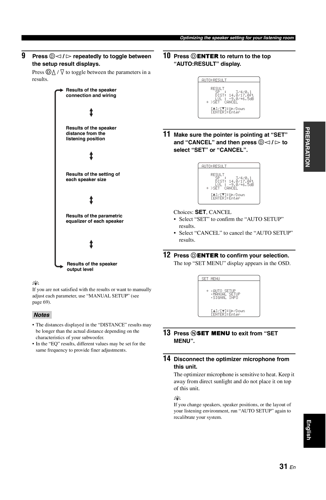 Yamaha RX-V861 31 En, Press Dk/ nto toggle between the parameters in a Results, Press Denter to confirm your selection 