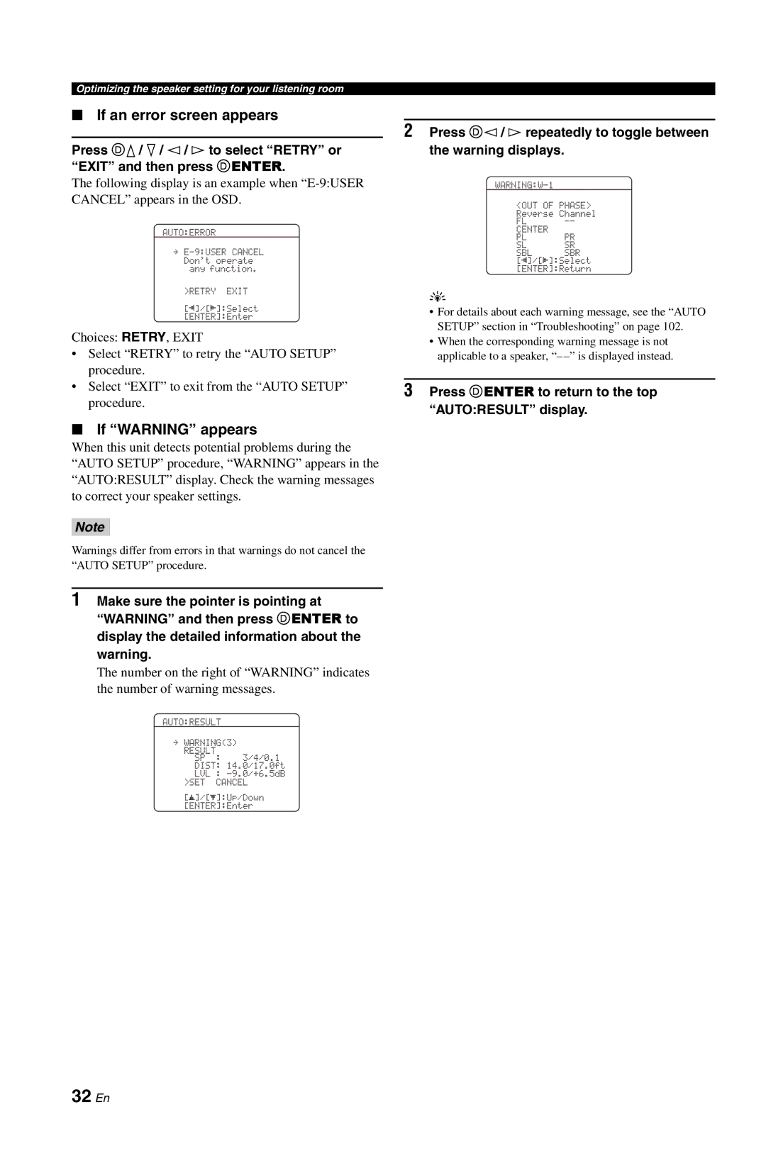 Yamaha RX-V861 32 En, If an error screen appears, If Warning appears, Press Denter to return to the top Autoresult display 