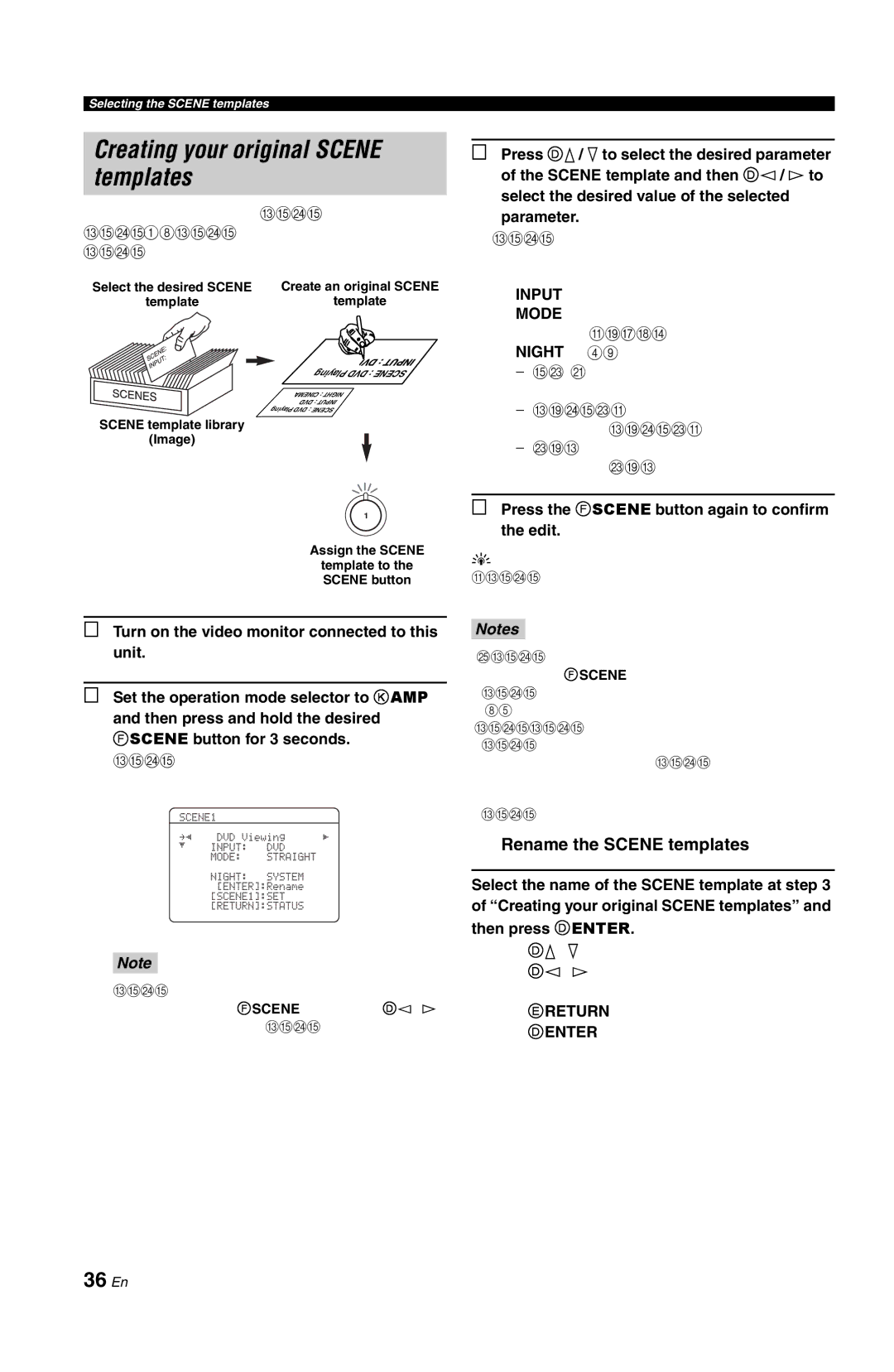 Yamaha RX-V861 owner manual Creating your original Scene templates, 36 En, Rename the Scene templates, Template 