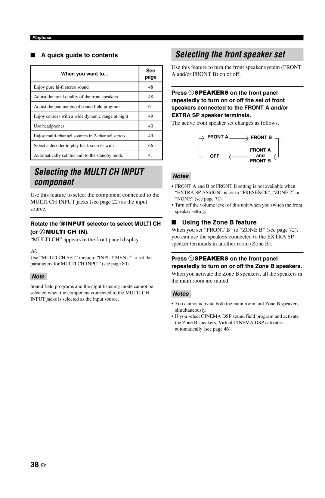 Yamaha RX-V861 Selecting the Multi CH Input component, Selecting the front speaker set, 38 En, Quick guide to contents 