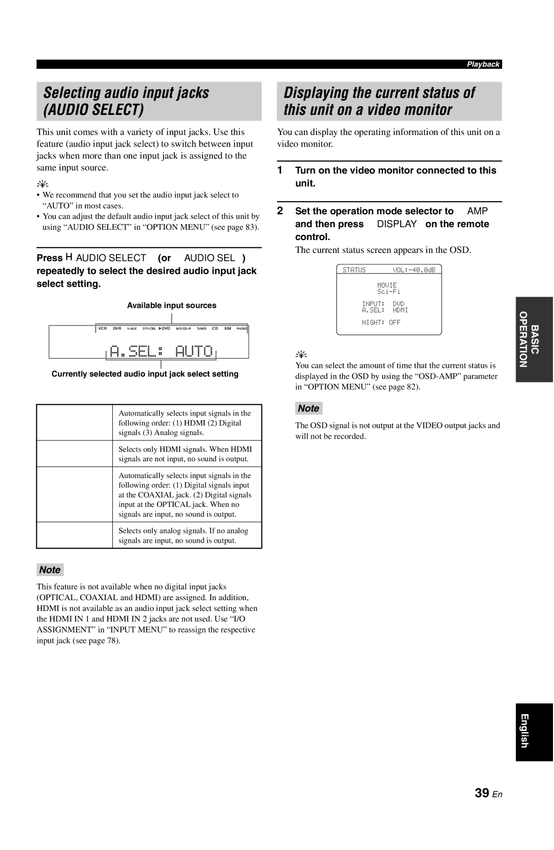 Yamaha RX-V861 owner manual Selecting audio input jacks, 39 En 