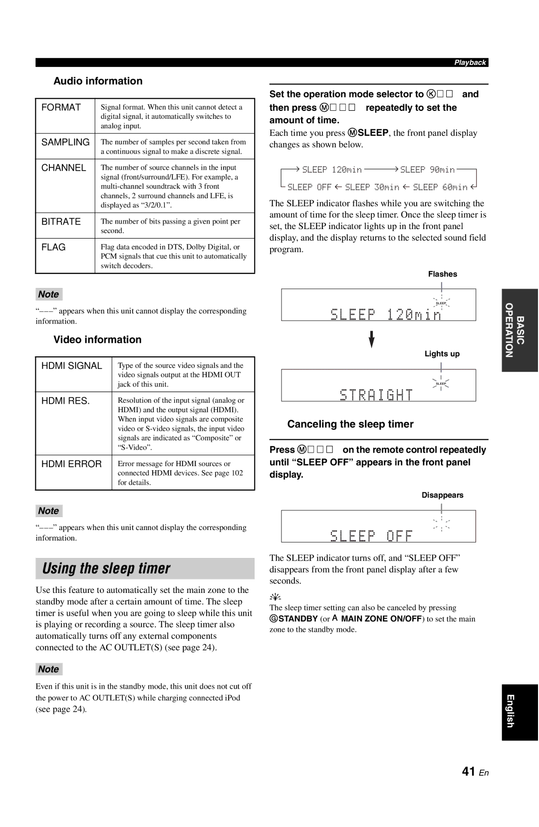 Yamaha RX-V861 owner manual Using the sleep timer, 41 En, Audio information, Video information, Canceling the sleep timer 