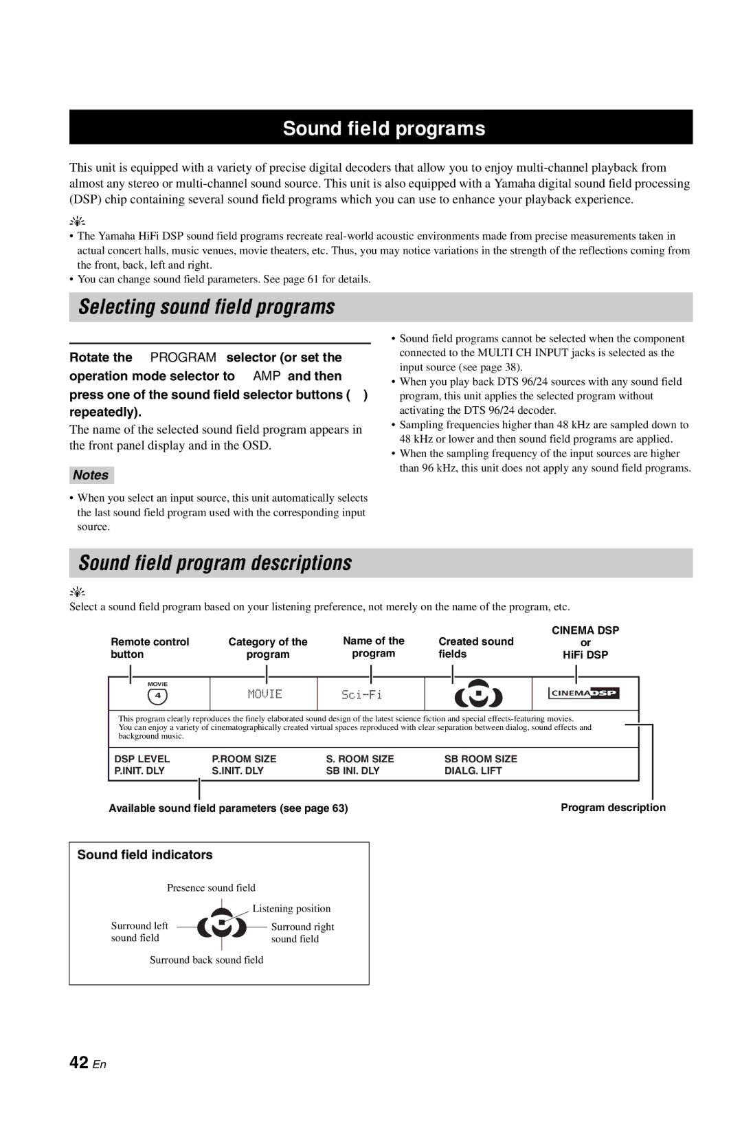 Yamaha RX-V861 owner manual Sound field programs, Selecting sound field programs, 42 En 