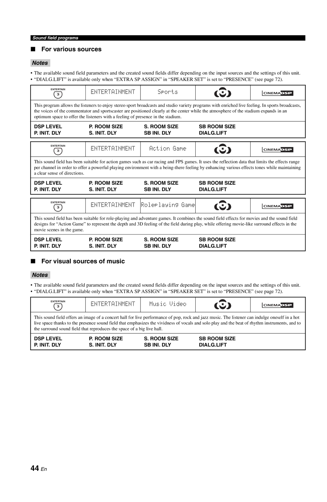 Yamaha RX-V861 owner manual 44 En, For various sources, For visual sources of music, Entertainment 