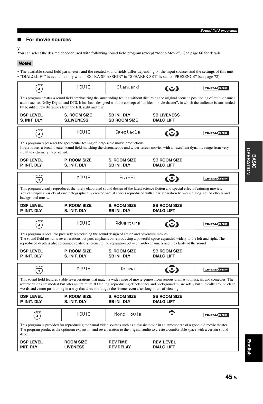 Yamaha RX-V861 owner manual 45 En, For movie sources, Movie, Standard 