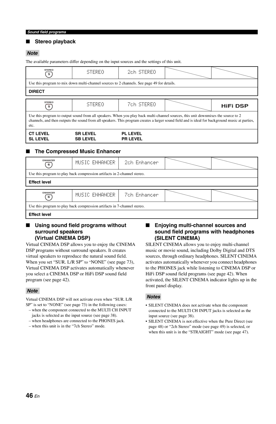 Yamaha RX-V861 owner manual 46 En, Stereo playback, Compressed Music Enhancer 