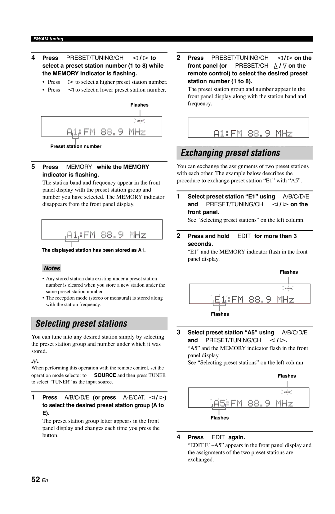 Yamaha RX-V861 owner manual Selecting preset stations, Exchanging preset stations, 52 En 