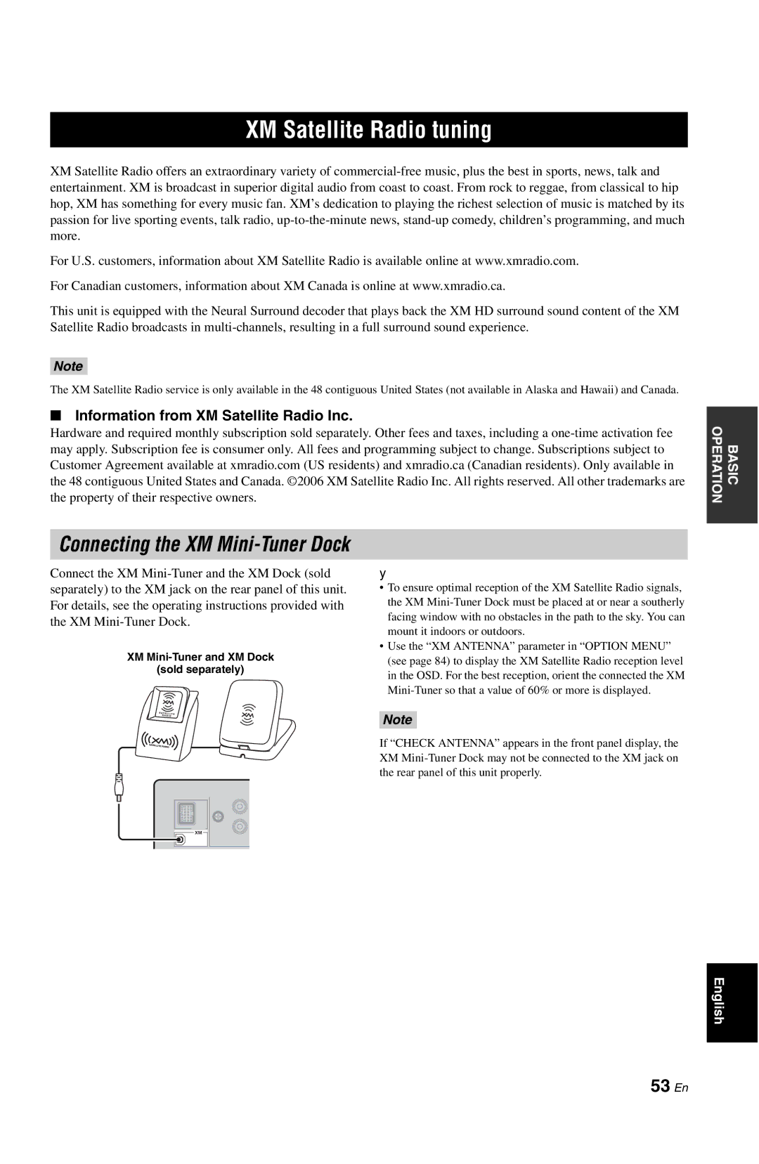 Yamaha RX-V861 owner manual XM Satellite Radio tuning, 53 En, Information from XM Satellite Radio Inc 