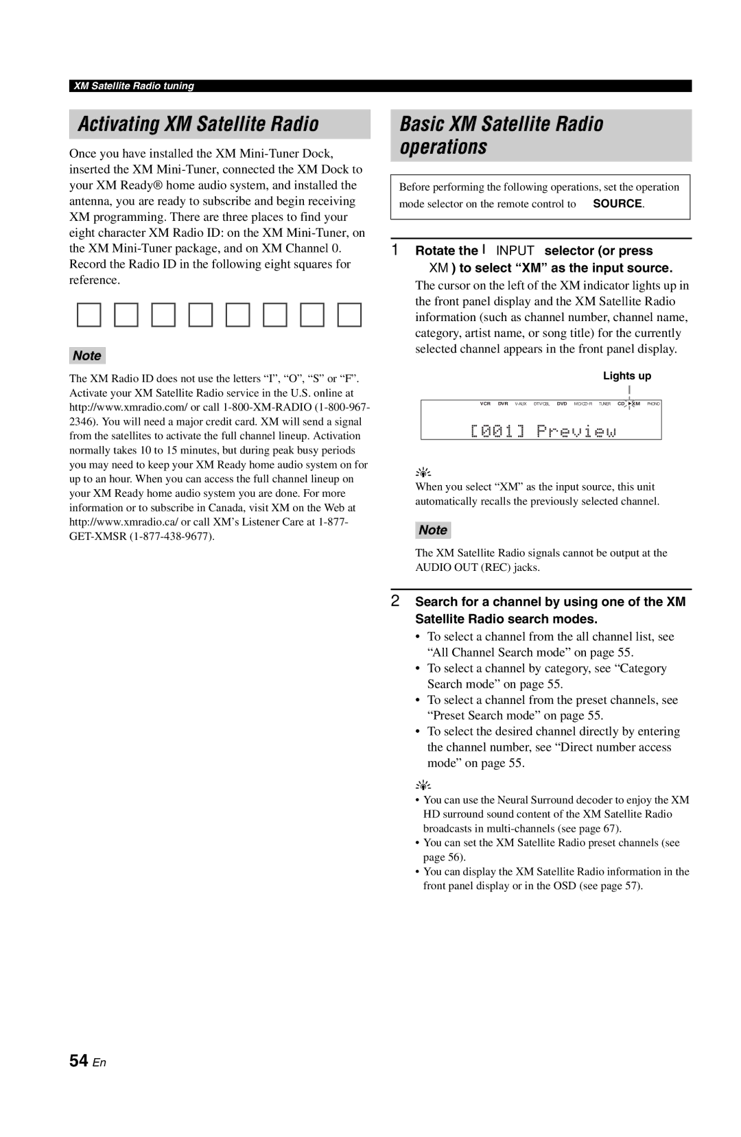 Yamaha RX-V861 owner manual Activating XM Satellite Radio, Basic XM Satellite Radio operations, 54 En 