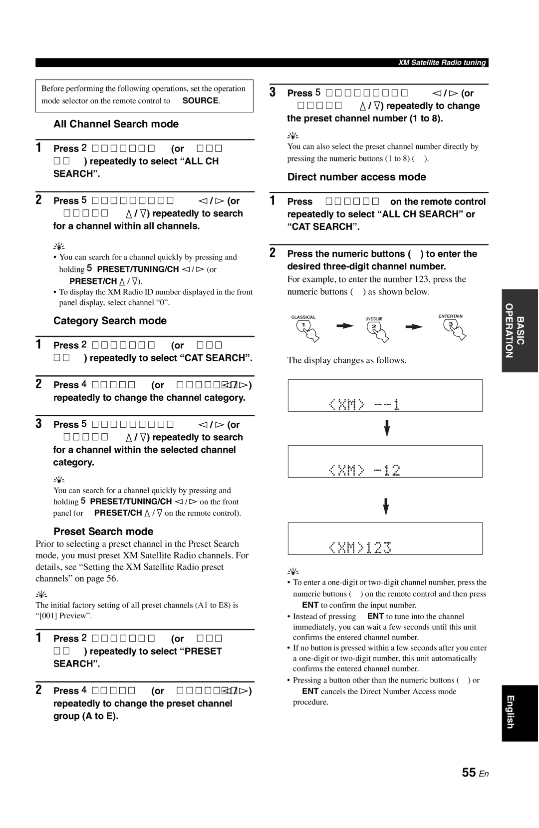 Yamaha RX-V861 55 En, All Channel Search mode, Category Search mode, Preset Search mode, Direct number access mode 