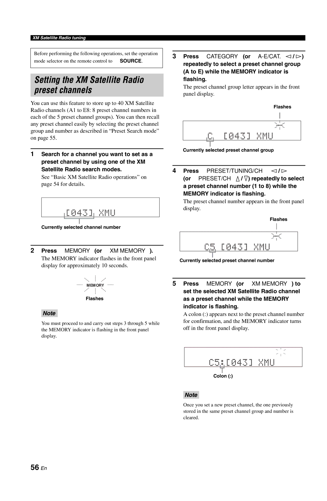 Yamaha RX-V861 owner manual Setting the XM Satellite Radio preset channels, 56 En 