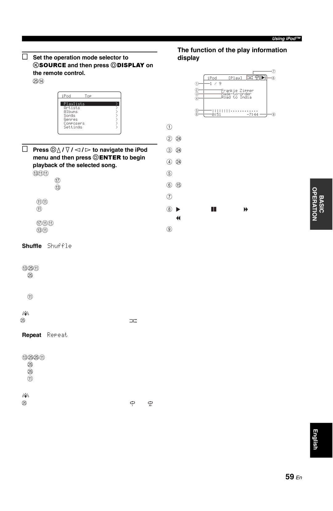 Yamaha RX-V861 59 En, Function of the play information display, Following display appears in the OSD, Shuffle Shuffle 