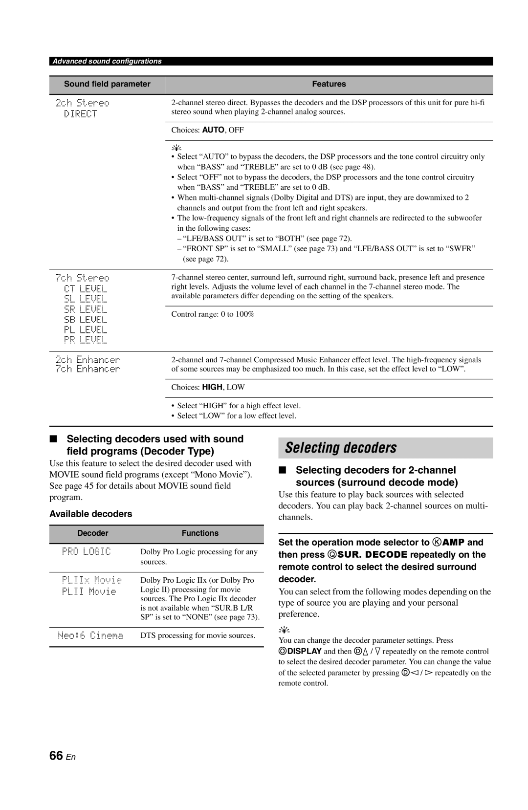 Yamaha RX-V861 owner manual Selecting decoders, 66 En, Direct, CT Level SL Level SR Level SB Level PL Level PR Level 