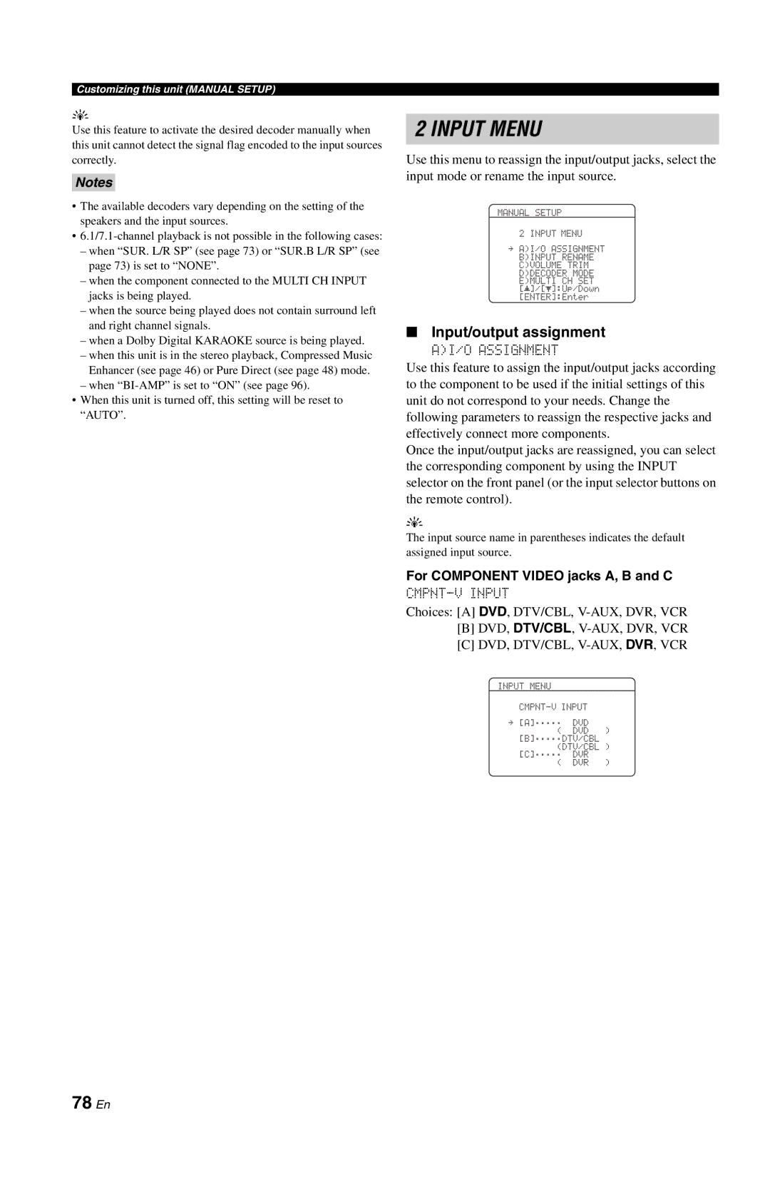 Yamaha RX-V861 owner manual 78 En, Input/output assignment, For Component Video jacks A, B and C, CMPNT-V Input 