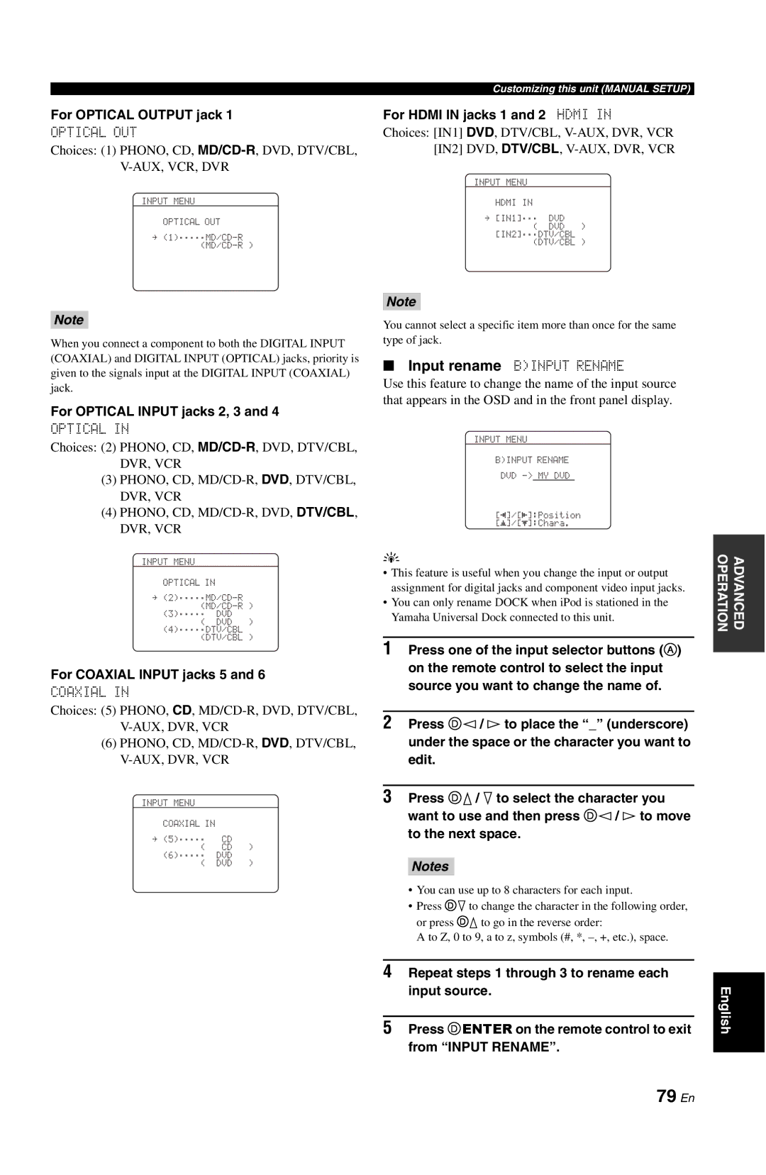 Yamaha RX-V861 owner manual 79 En, For Optical Output jack, For Optical Input jacks 2, 3, For Coaxial Input jacks 5 