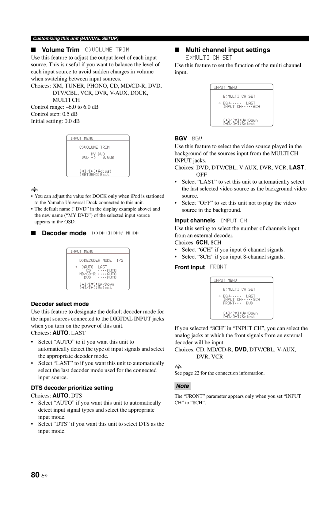 Yamaha RX-V861 owner manual 80 En, Multi channel input settings, Bgv Bgv 