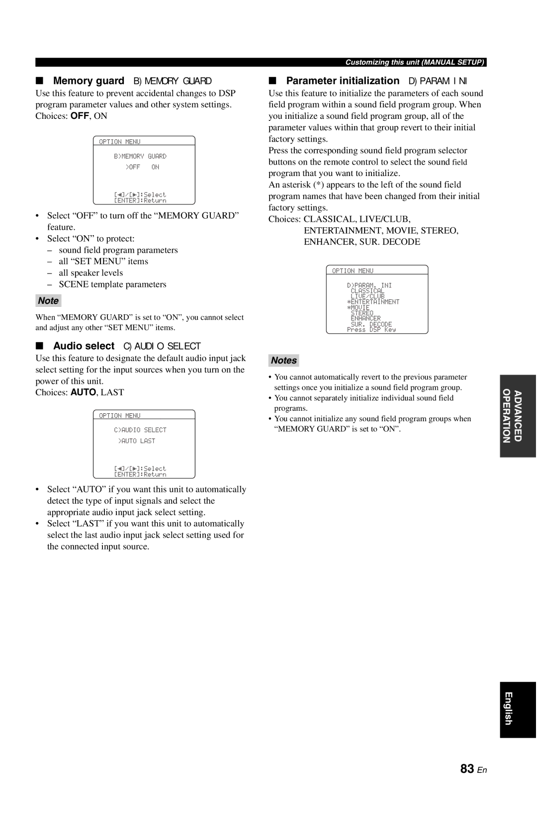 Yamaha RX-V861 83 En, Parameter initialization DPARAM.INI, Memory guard Bmemory Guard, Audio select Caudio Select 