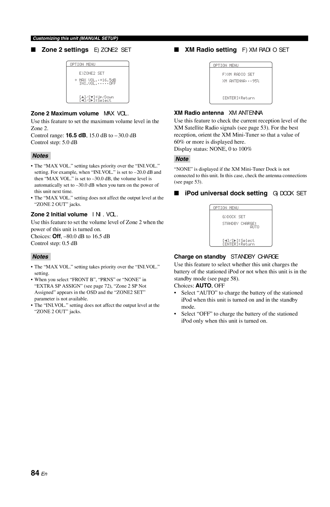 Yamaha RX-V861 84 En, Zone 2 settings EZONE2 SET, XM Radio setting FXM Radio SET, IPod universal dock setting Gdock SET 