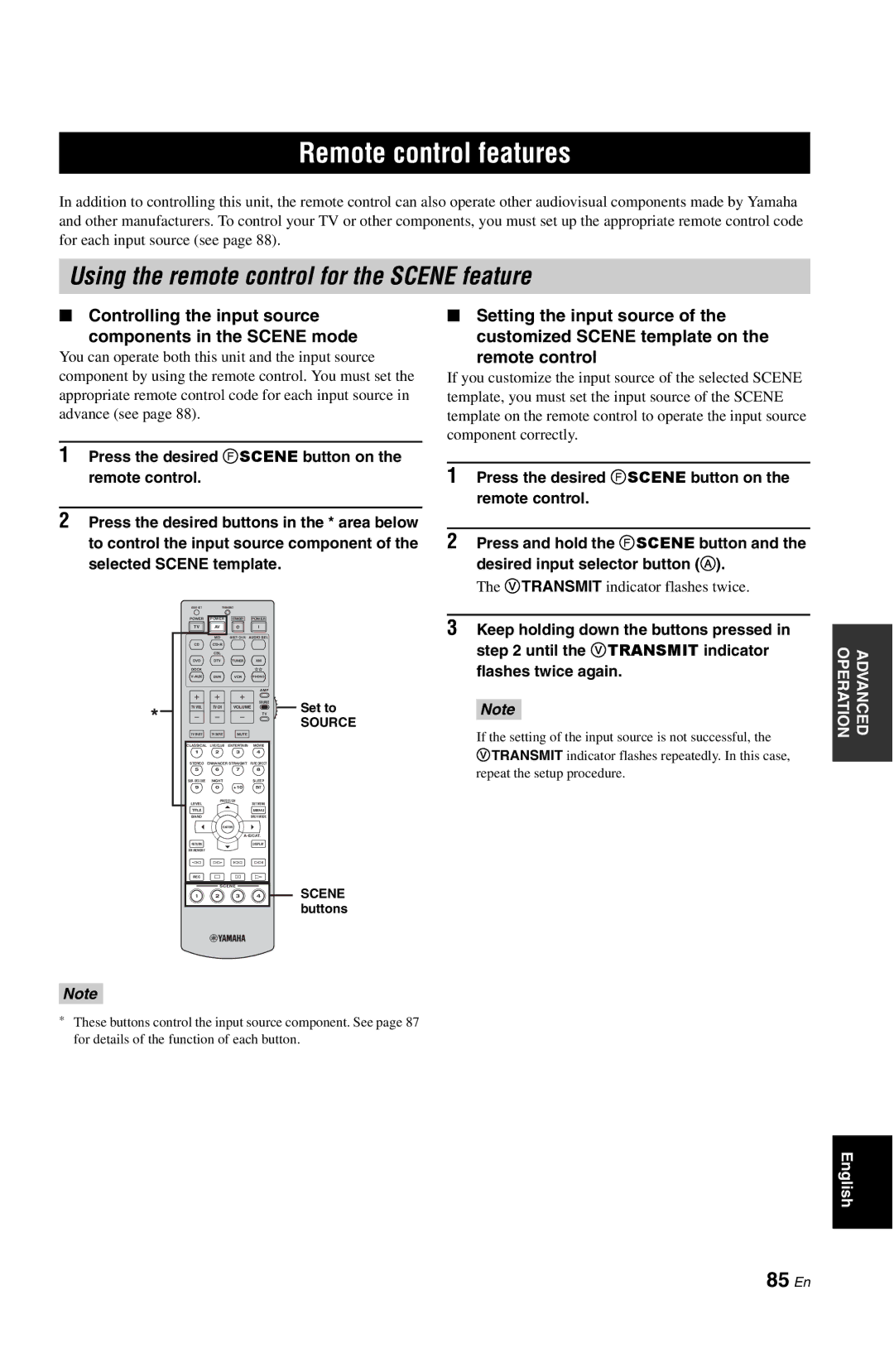 Yamaha RX-V861 owner manual Remote control features, Using the remote control for the Scene feature, 85 En 