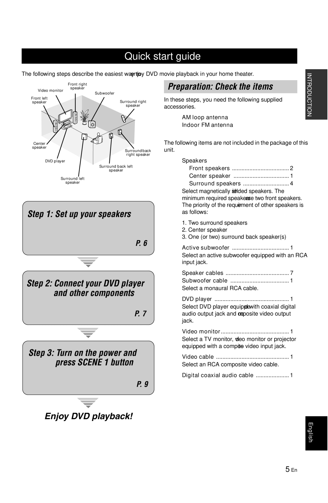 Yamaha RX-V861 owner manual Quick start guide, Preparation Check the items, Set up your speakers, Enjoy DVD playback 