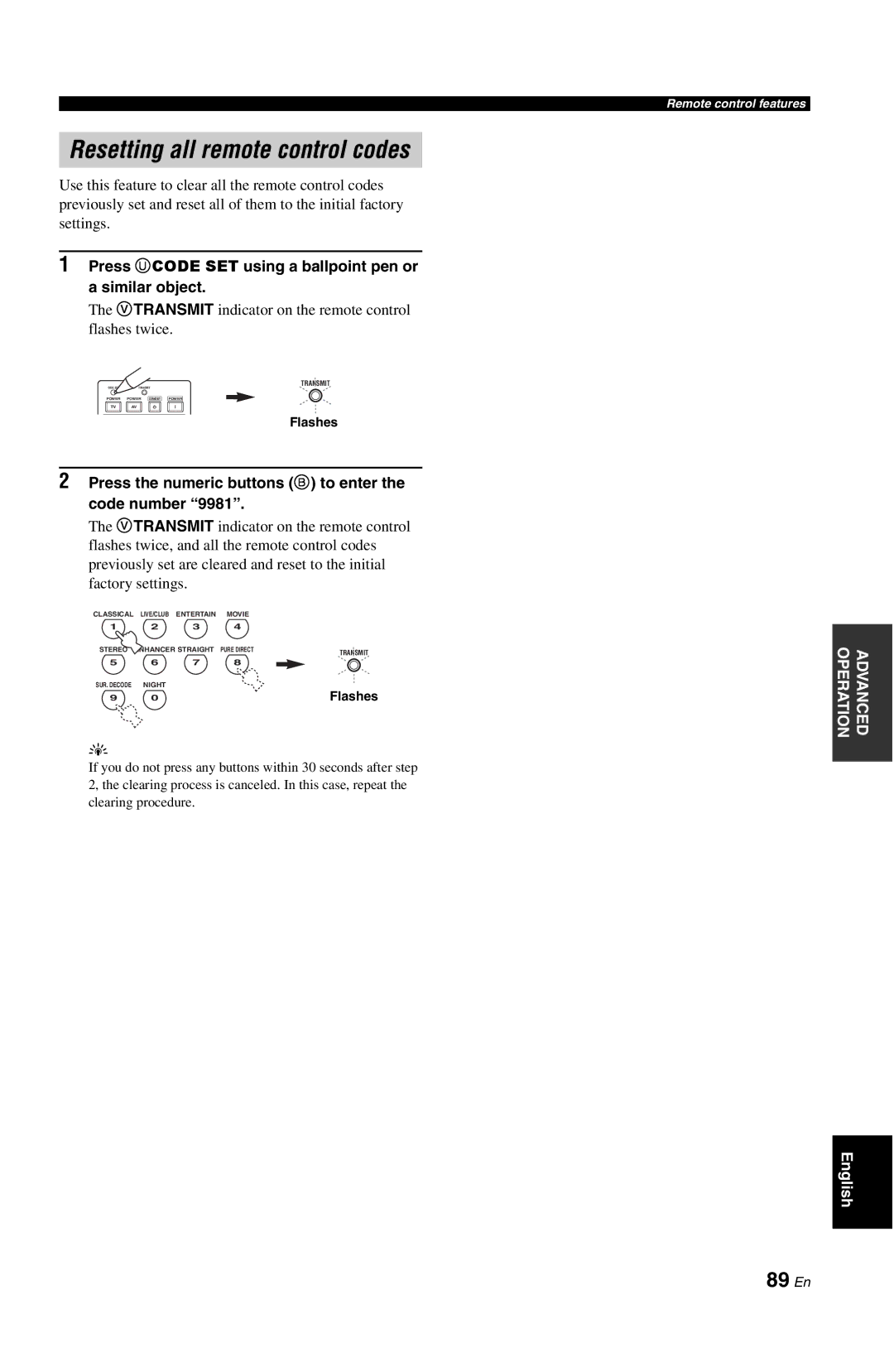 Yamaha RX-V861 Resetting all remote control codes, 89 En, Vtransmit indicator on the remote control flashes twice 