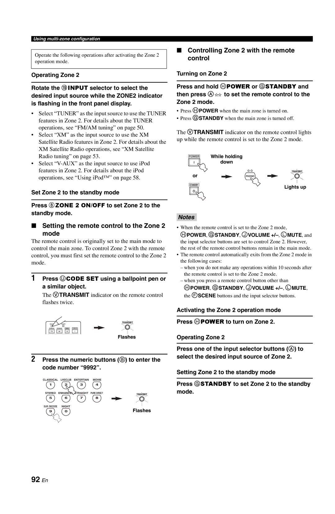 Yamaha RX-V861 owner manual 92 En, Controlling Zone 2 with the remote control, Setting the remote control to the Zone Mode 