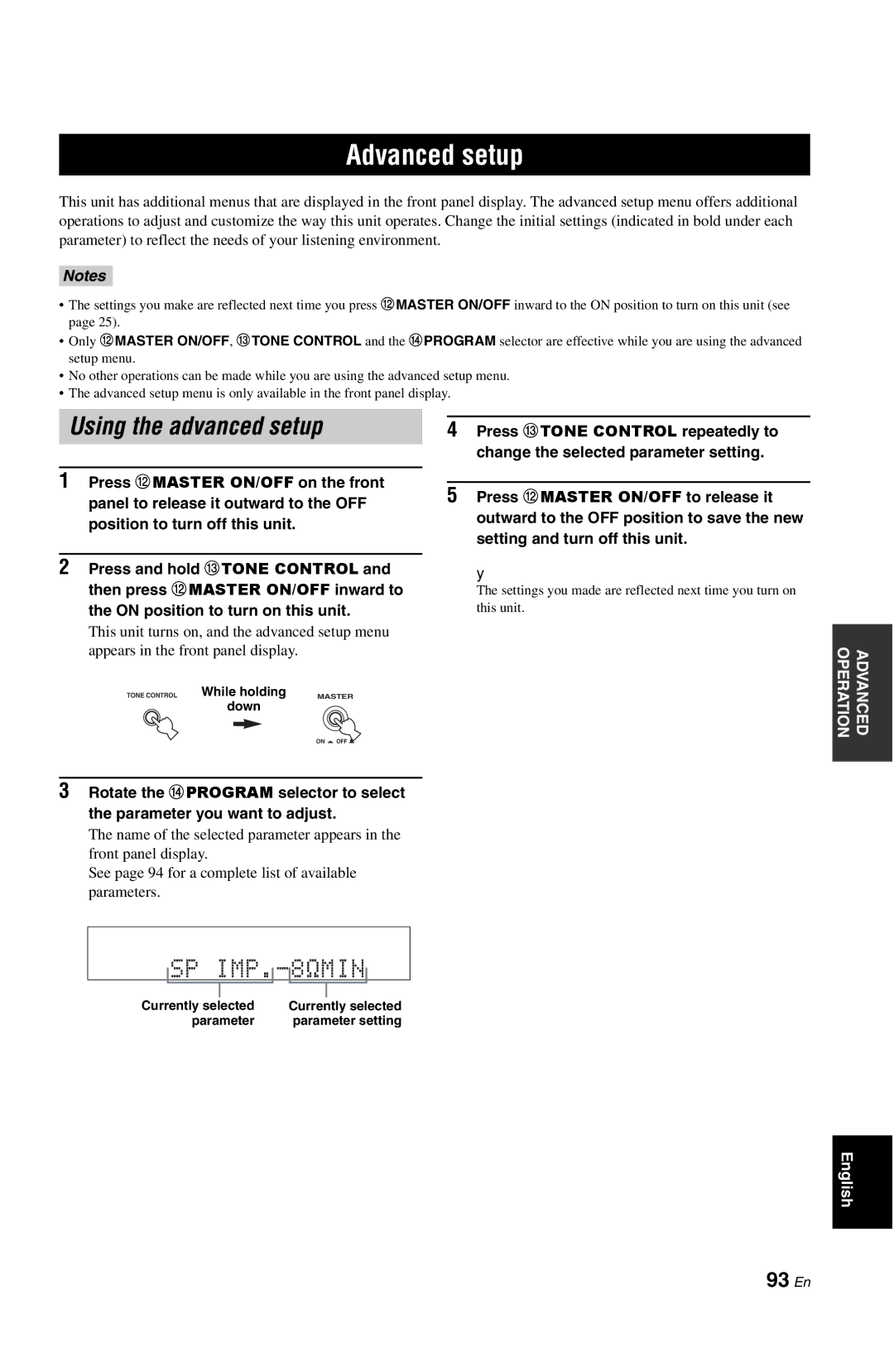 Yamaha RX-V861 owner manual Advanced setup, Using the advanced setup, 93 En, Down, Parameter Parameter setting 