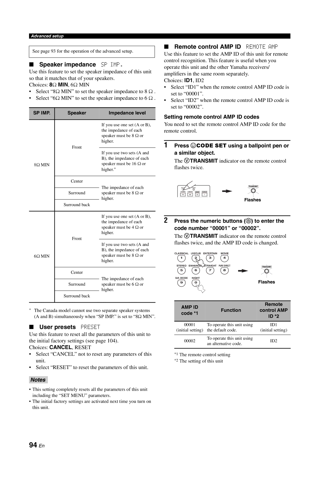 Yamaha RX-V861 owner manual 94 En, Speaker impedance SP IMP, User presets Preset, Remote control AMP ID Remote AMP 