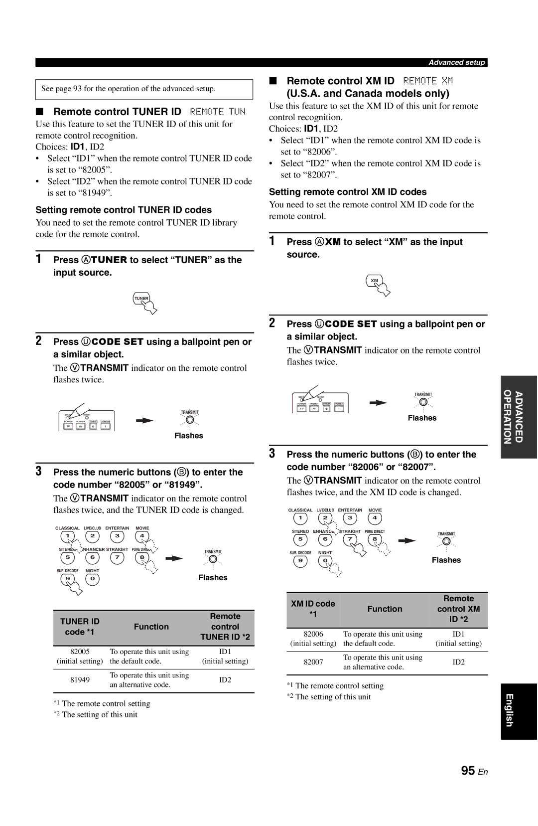 Yamaha RX-V861 95 En, Remote control Tuner ID Remote TUN, Remote control XM ID Remote XM A. and Canada models only 