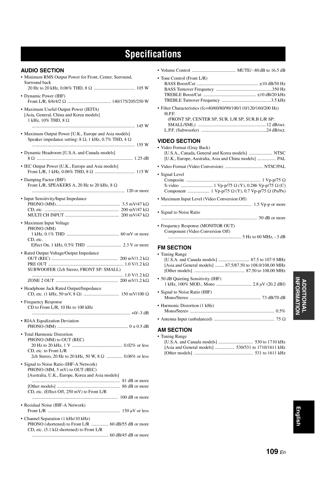 Yamaha RX-V861 owner manual Specifications, 109 En 