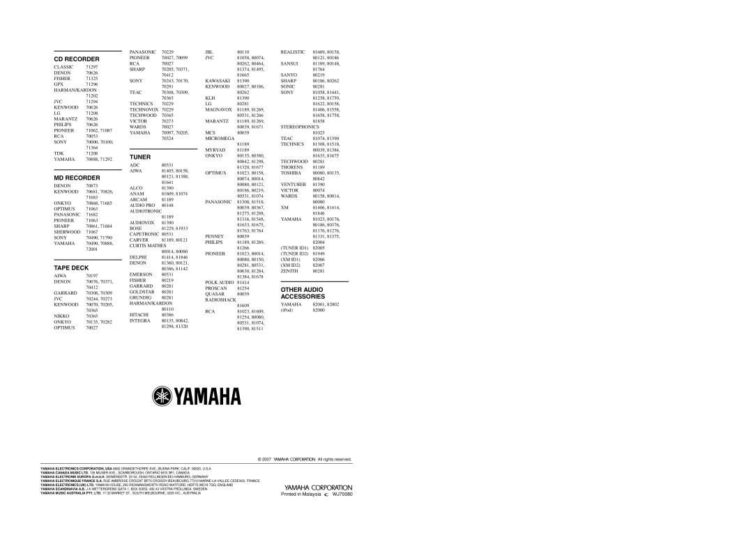 Yamaha RX-V861 owner manual Cd Recorder, Md Recorder, Tape Deck, Tuner, Other Audio, Accessories 