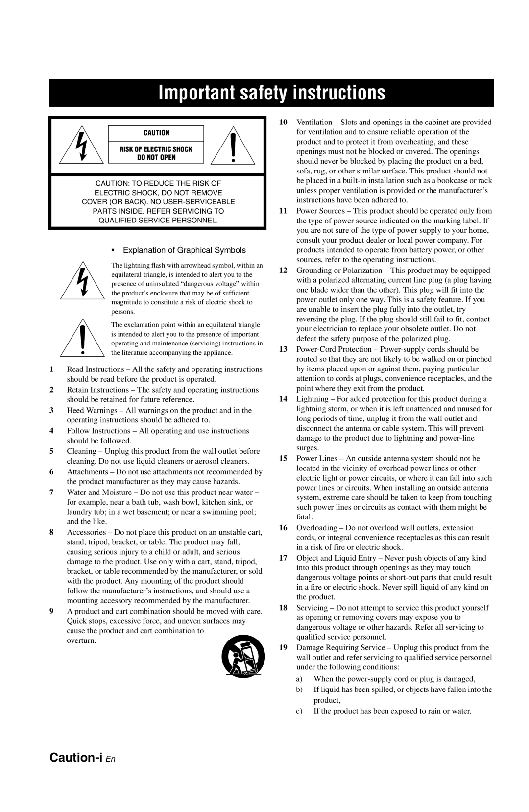 Yamaha RX-V861 owner manual Caution-i En, Important safety instructions 