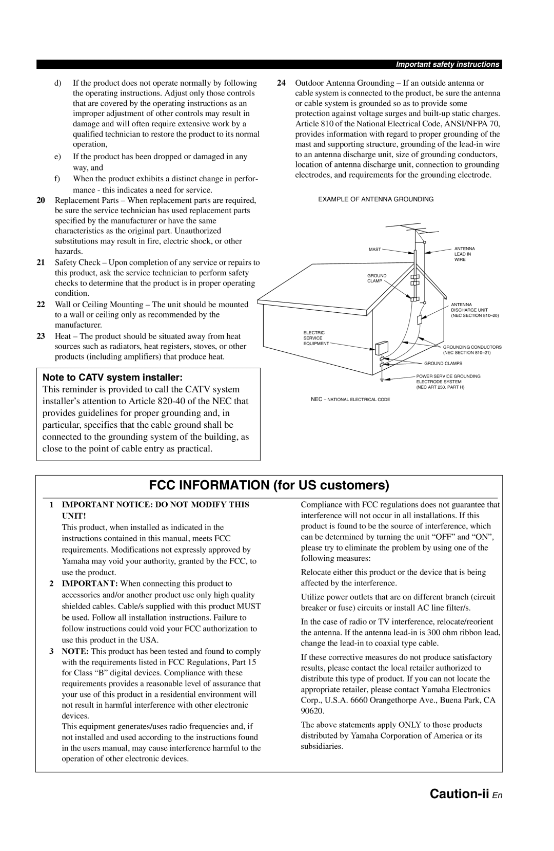 Yamaha RX-V861 owner manual FCC INFORMATION for US customers, Caution-ii En, Note to CATV system installer 