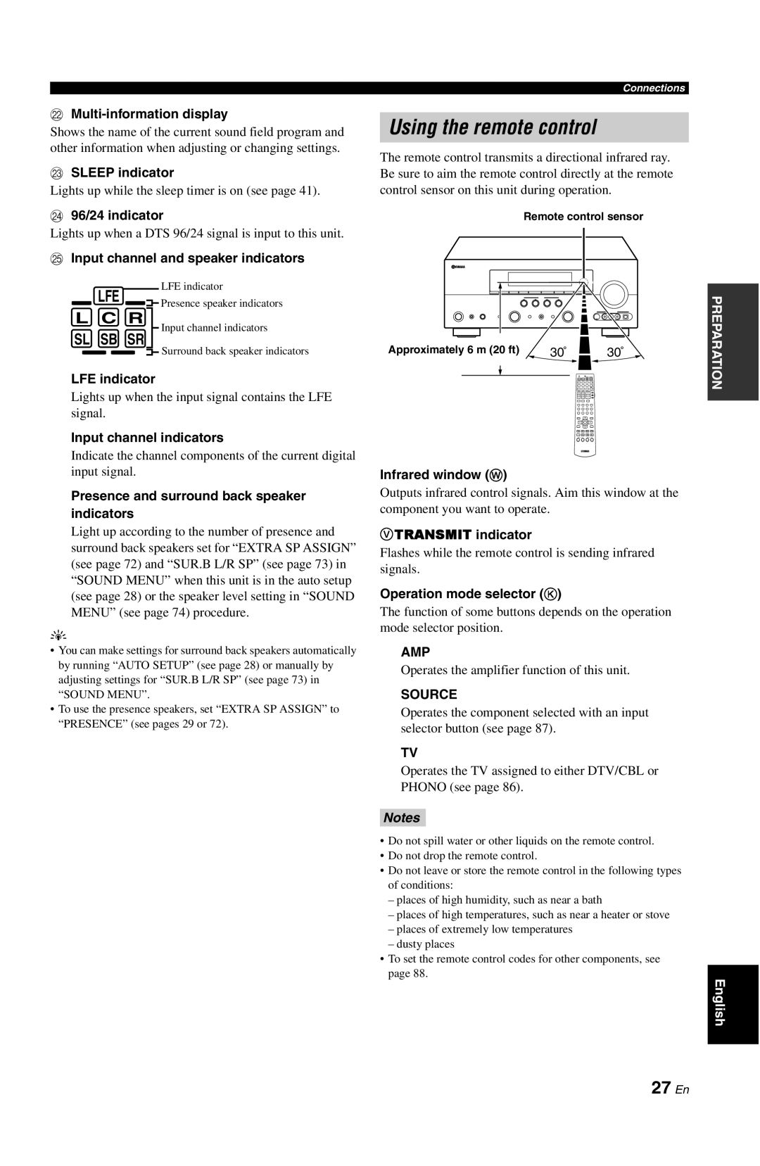 Yamaha RX-V861 owner manual Using the remote control, 27 En, L C R, Sl Sb Sr, Notes 