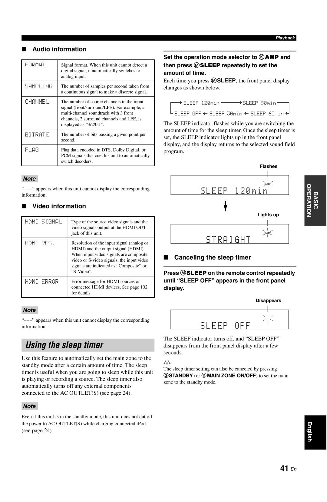 Yamaha RX-V861 owner manual Using the sleep timer, 41 En, Audio information, Video information, Canceling the sleep timer 