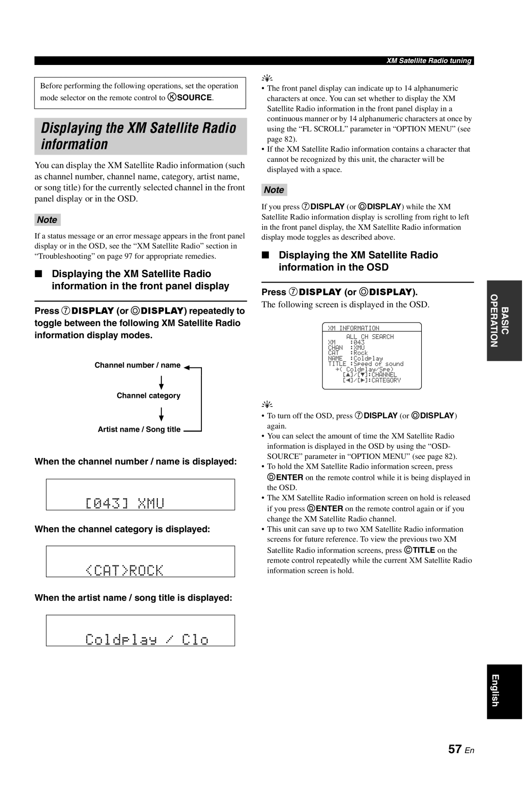 Yamaha RX-V861 owner manual Displaying the XM Satellite Radio information, Coldplay / Clo, <Cat>Rock, 57 En, 043 XMU 