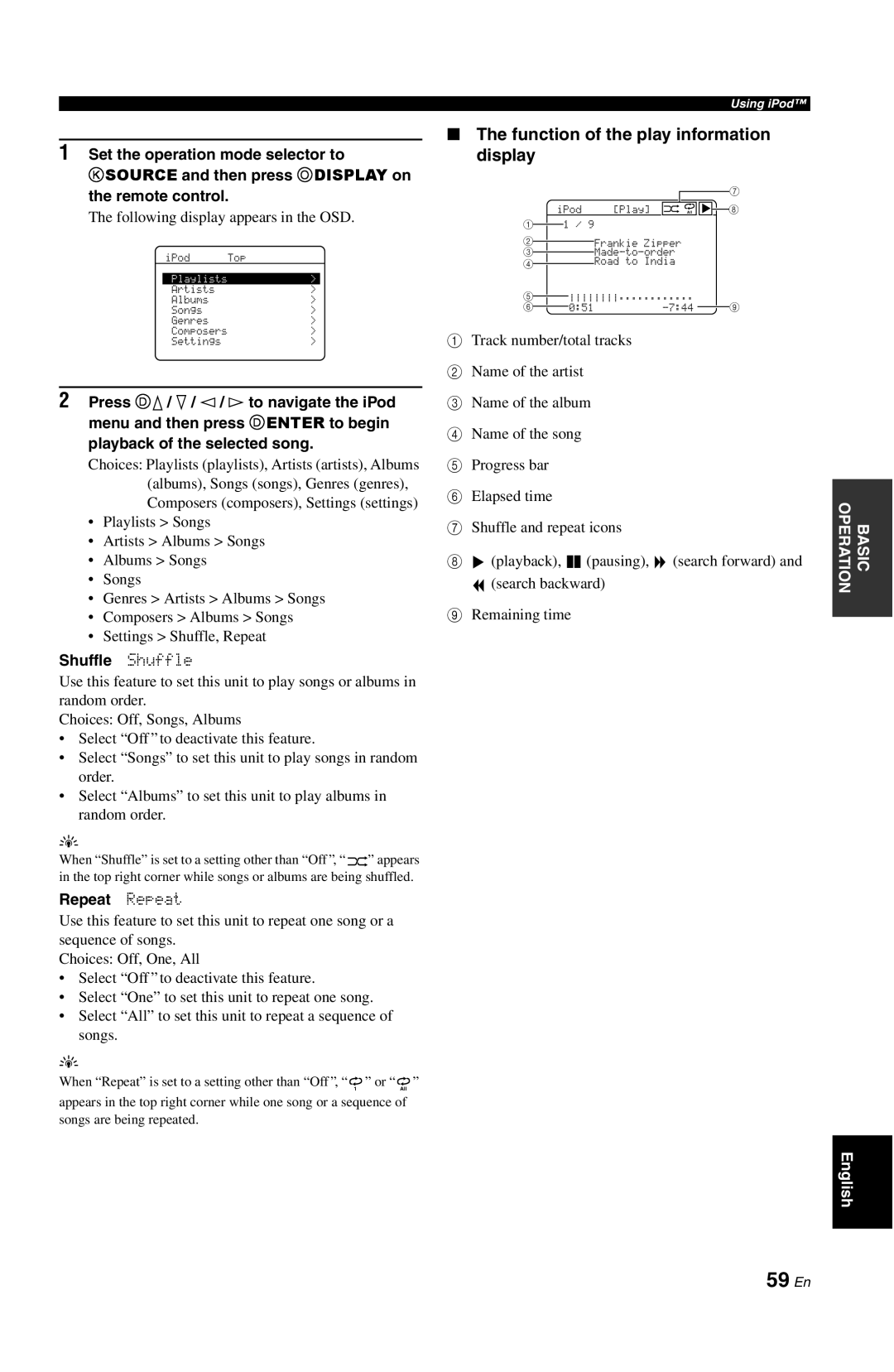 Yamaha RX-V861 owner manual 59 En, The function of the play information display 