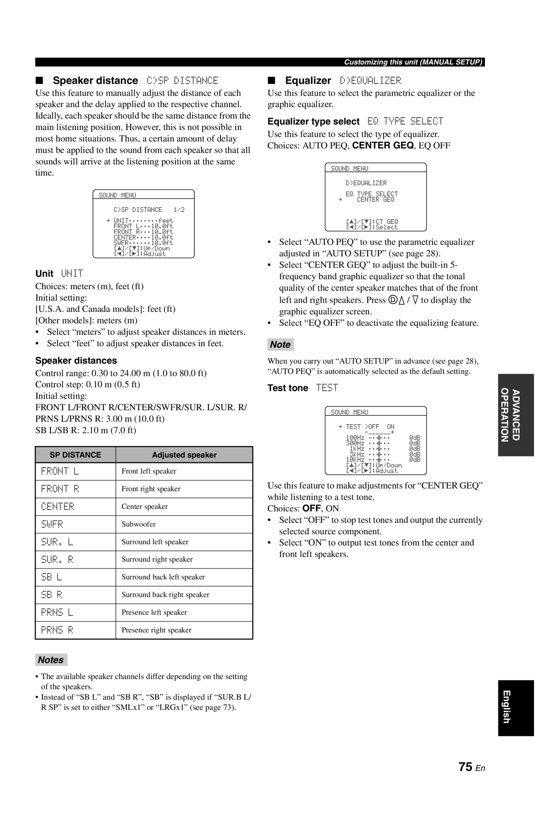 Yamaha RX-V861 owner manual 75 En, Speaker distance CSP DISTANCE, Notes 
