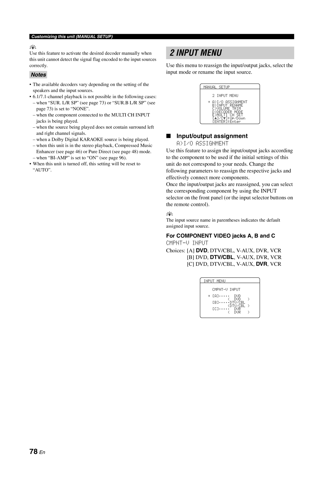Yamaha RX-V861 owner manual Input Menu, 78 En, Input/output assignment, Notes 
