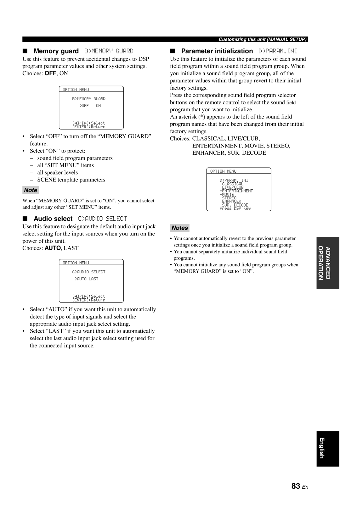 Yamaha RX-V861 owner manual 83 En, Parameter initialization DPARAM.INI, Notes 