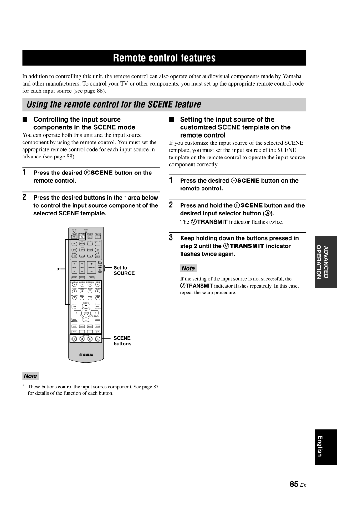 Yamaha RX-V861 owner manual Remote control features, Using the remote control for the SCENE feature, 85 En 