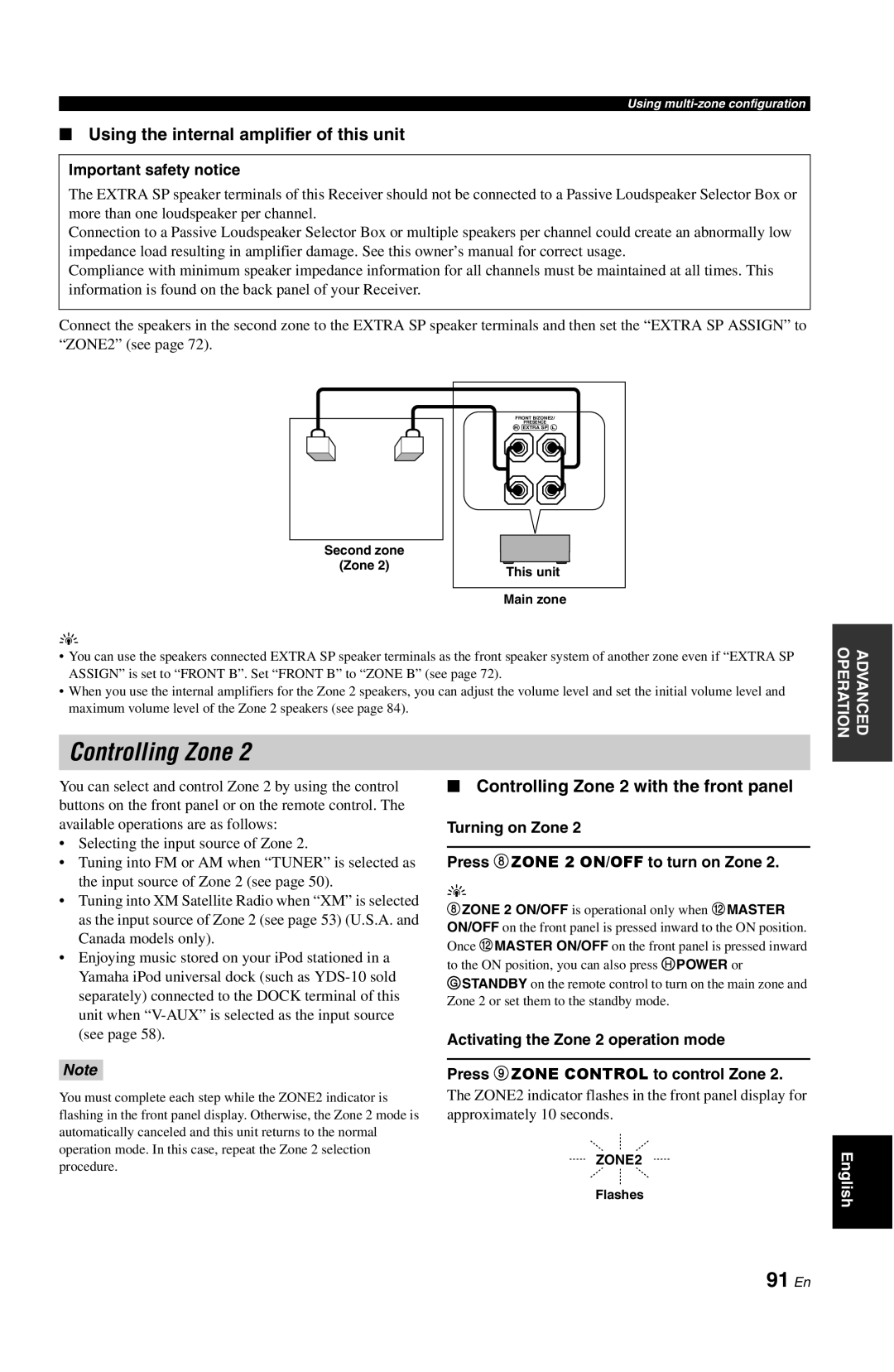 Yamaha RX-V861 owner manual 91 En, Using the internal amplifier of this unit, Controlling Zone 2 with the front panel 